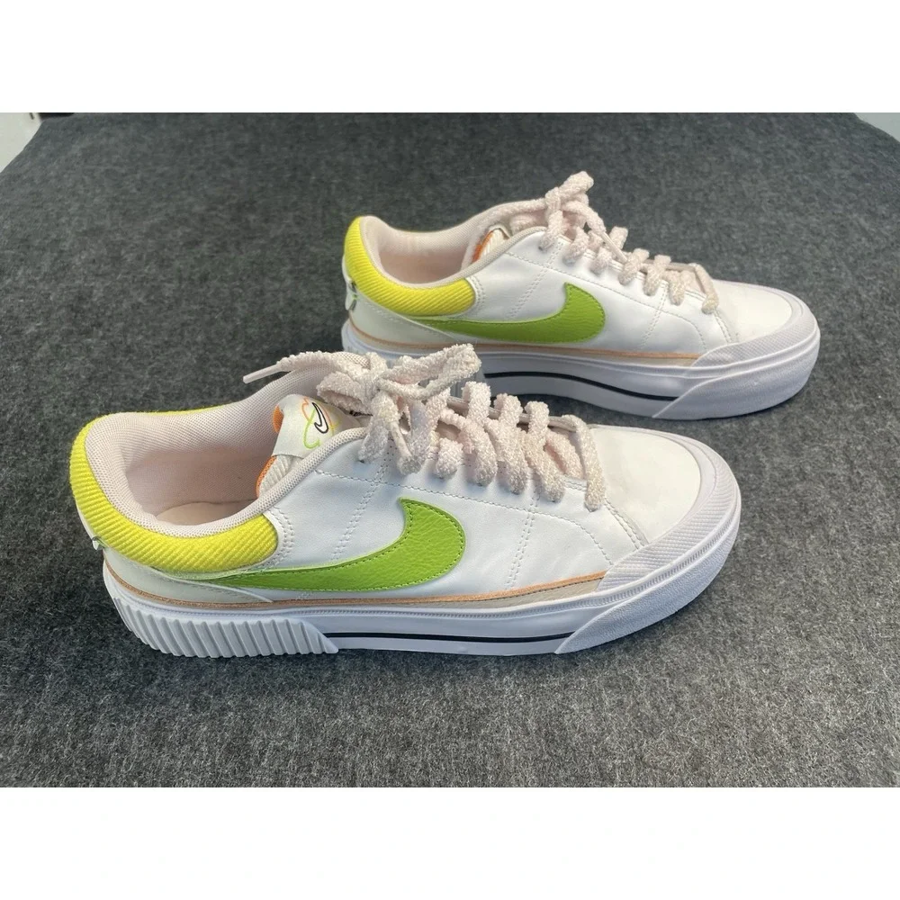 Nike White Sneakers with Lime Green Swoosh and Yellow Collar